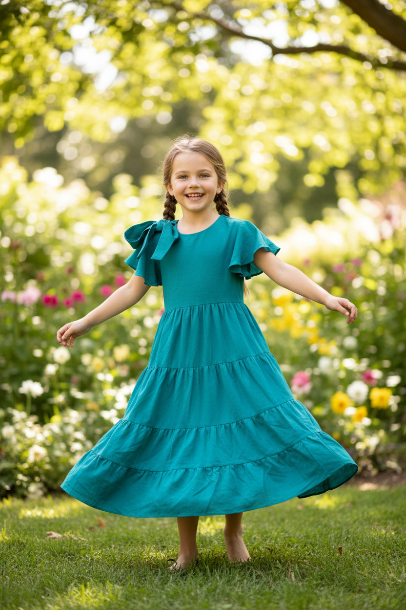 Girl playing outdoors in teal tiered dress - outdoor garden setting