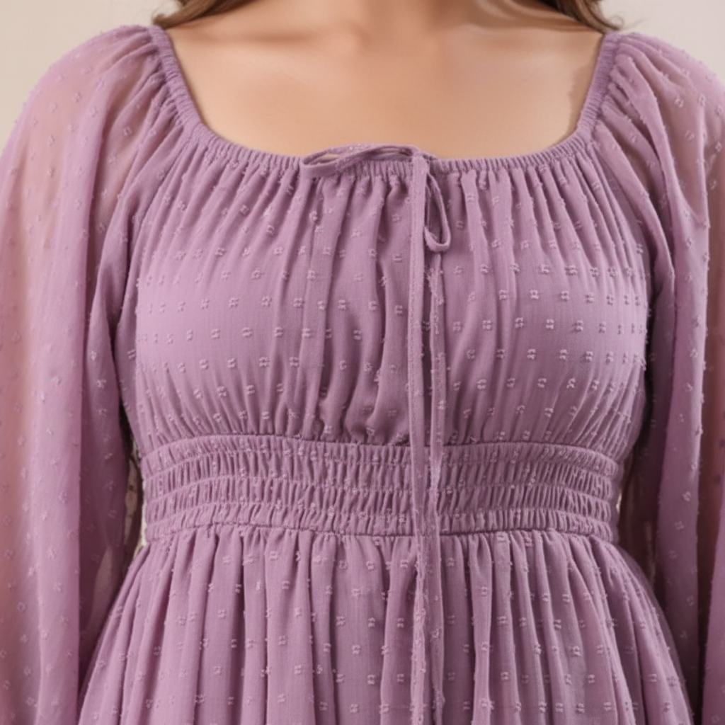 Close-up of lavender dress off-shoulder neckline with elastic detail