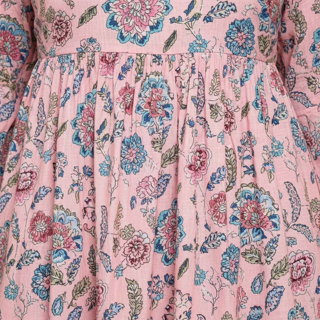 Close-up detail of pink floral paisley print and gathered waist