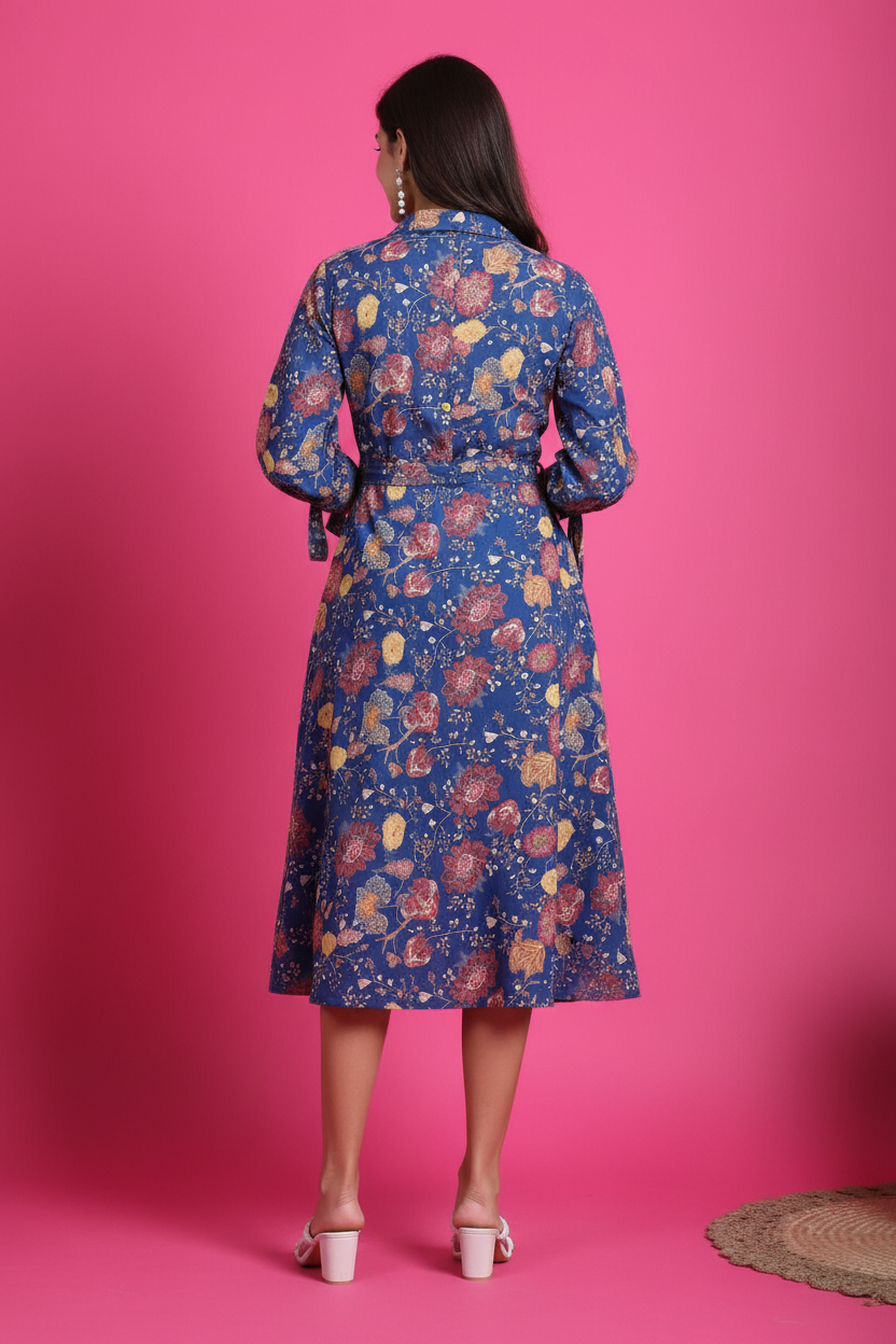 Blue floral midi dress back view showing button-down detail and waist tie