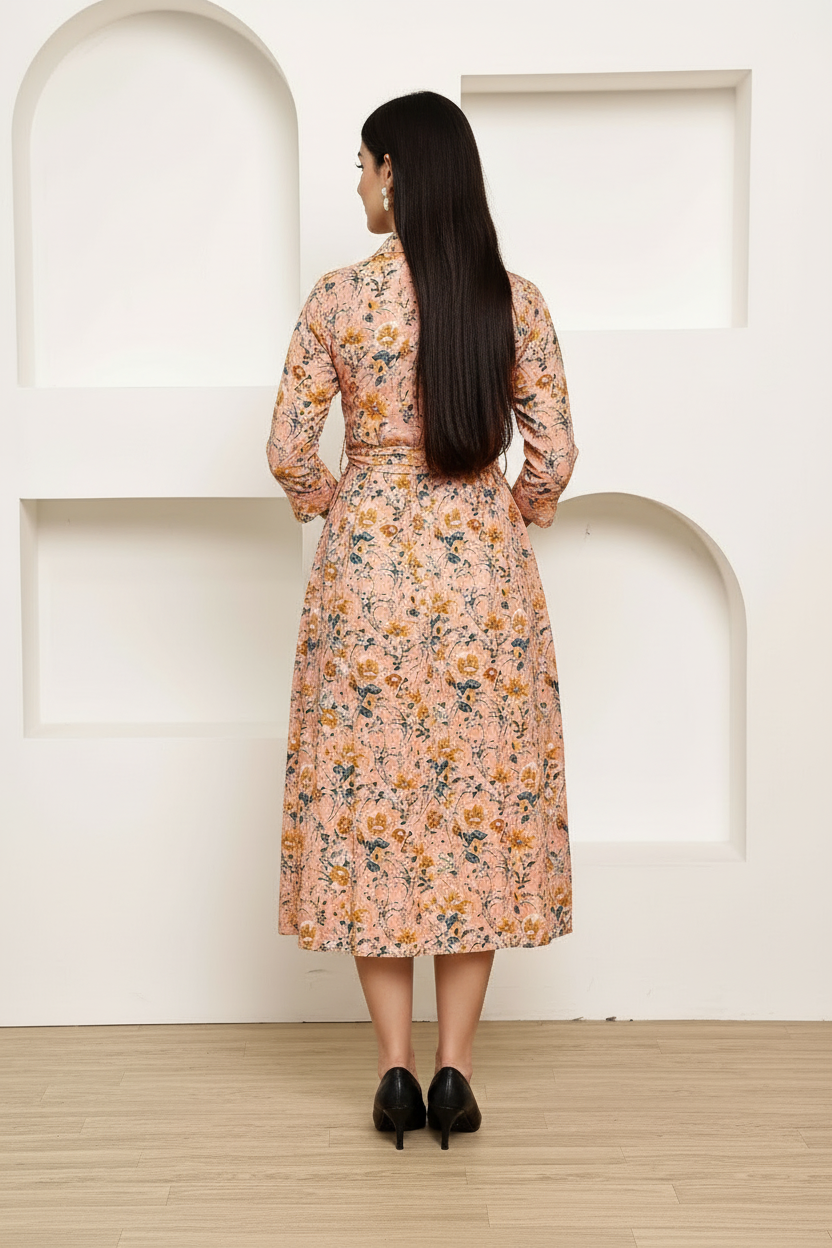 Peach beige floral printed midi dress back view showing waist tie and flowing skirt