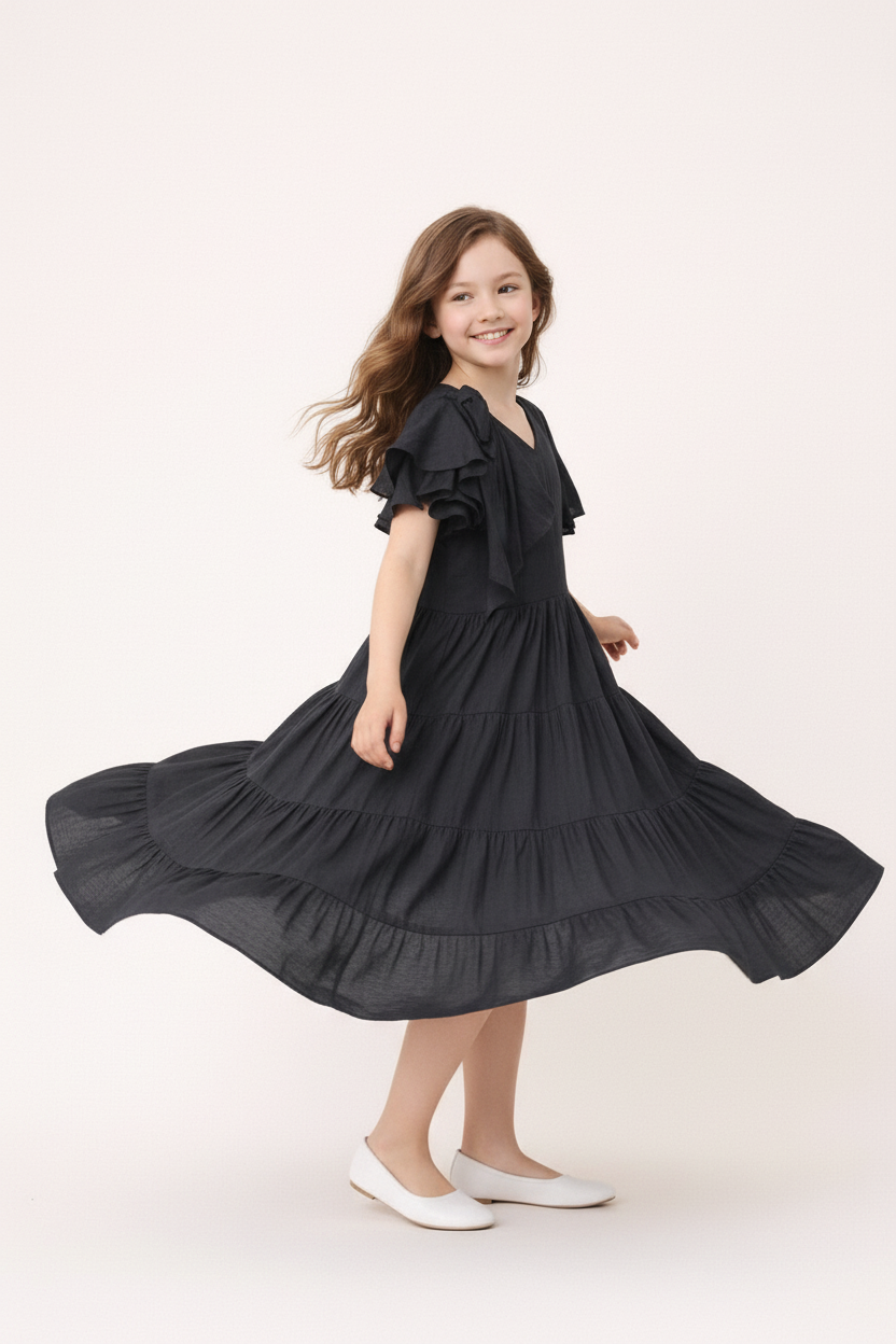 Black tiered dress showing flare and movement - girl twirling in flowing skirt