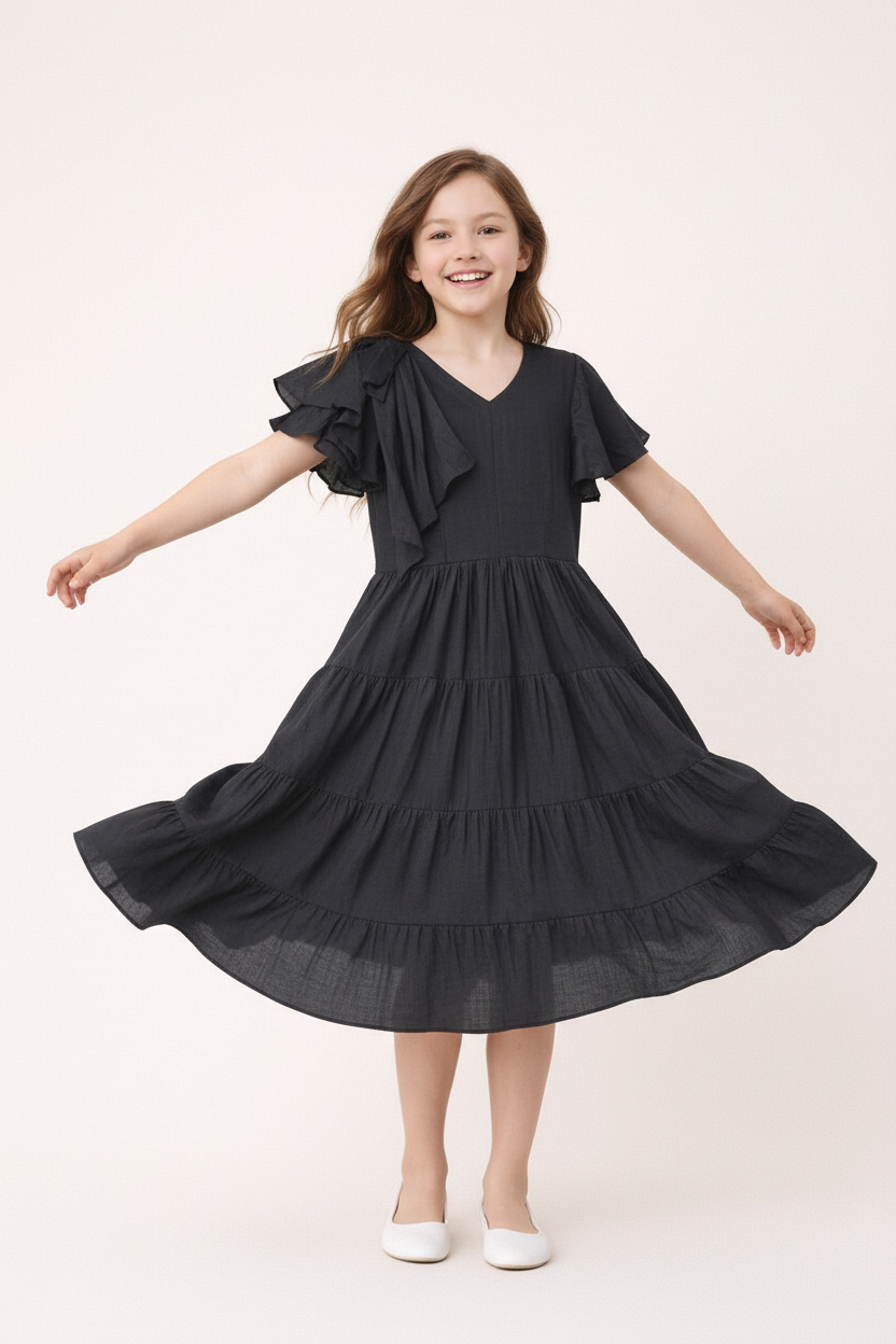 Girl playing in black tiered midi dress - showing movement and fun