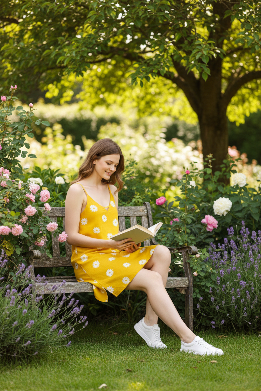 Yellow daisy print dress - model sitting outdoors reading book