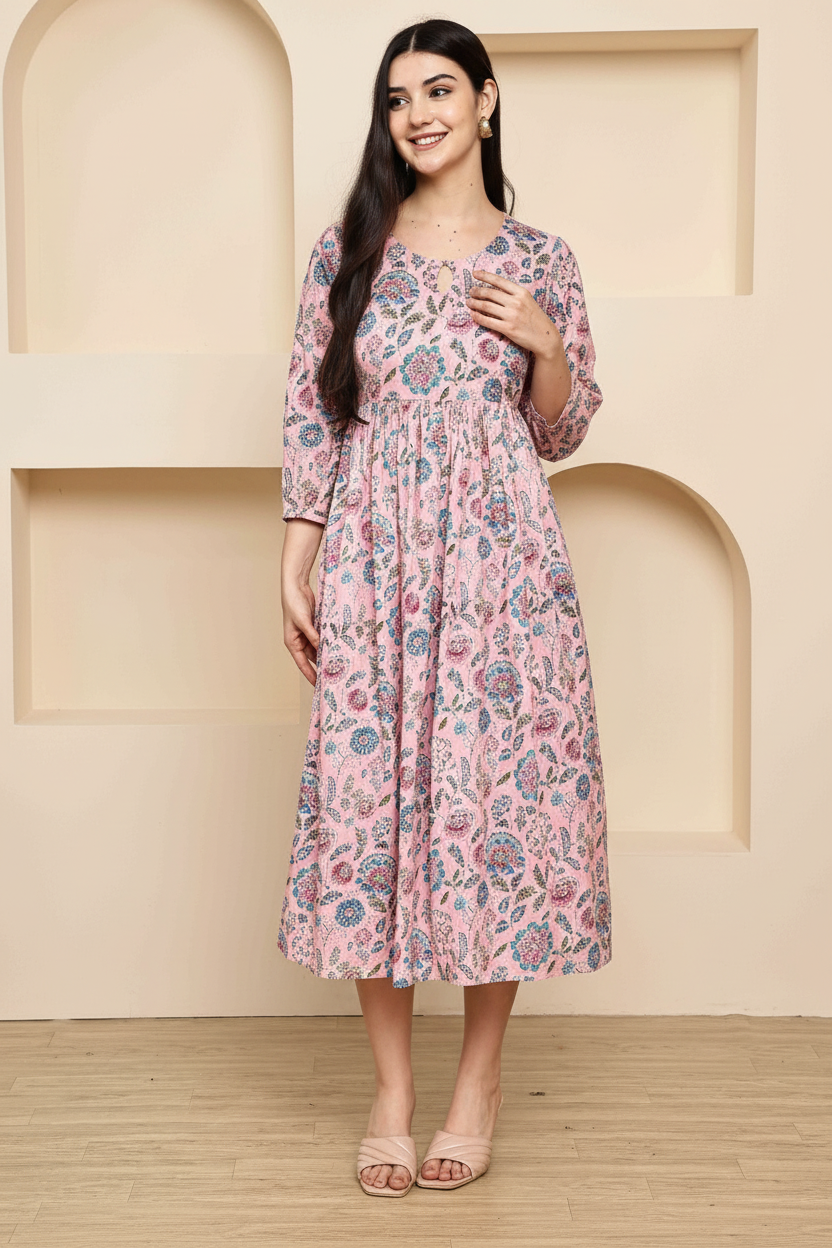 Pink floral printed midi dress with gathered waist and round neckline - women's dress front view