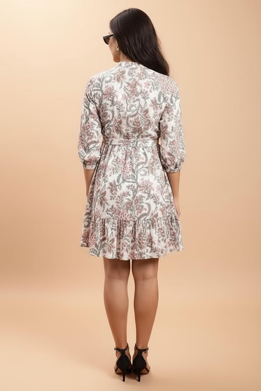 Floral tie-up waist dress back view showing paisley print and waist tie detail