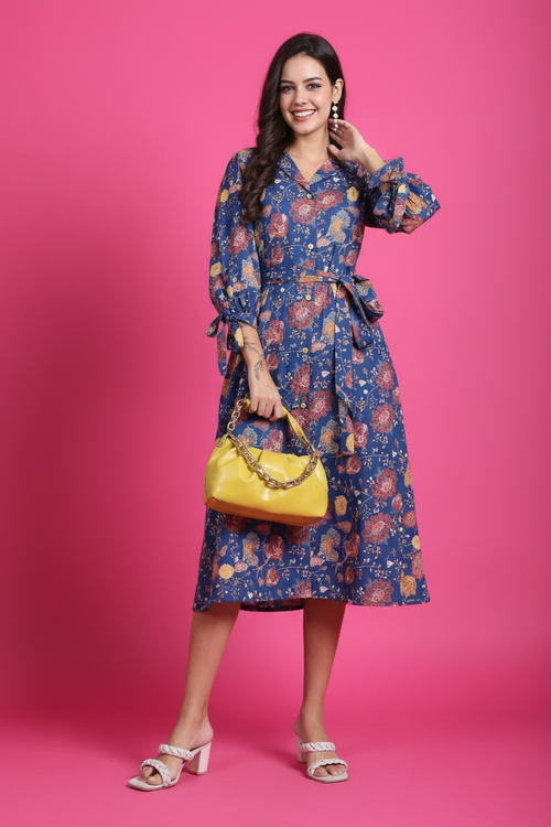 Blue floral printed midi dress with shirt collar and waist tie - women's cotton dress front view