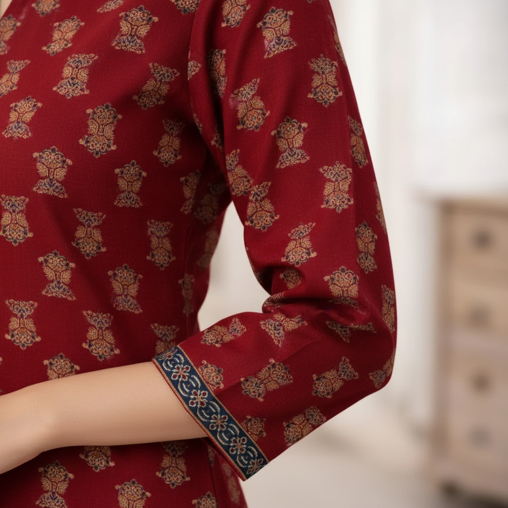 Maroon Printed Top - Sleeve Border Detail