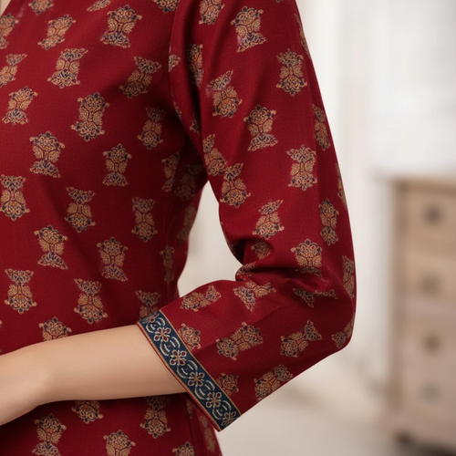 Maroon Printed Top - Sleeve Border Detail