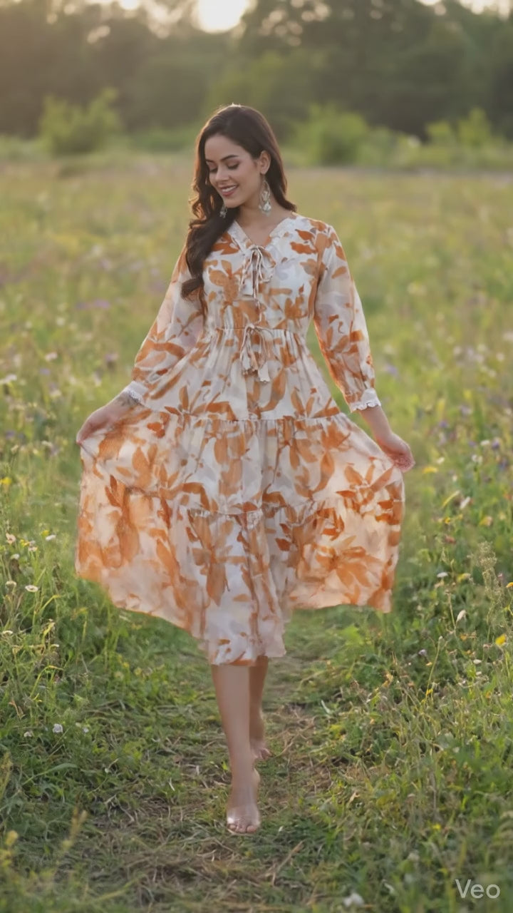 Beige & Rust Leaf Printed Tiered Midi Dress with Waist Tie