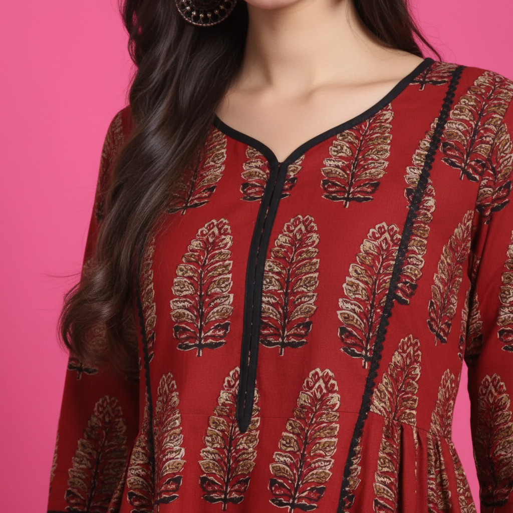 Red Printed Dress - Neckline Detail