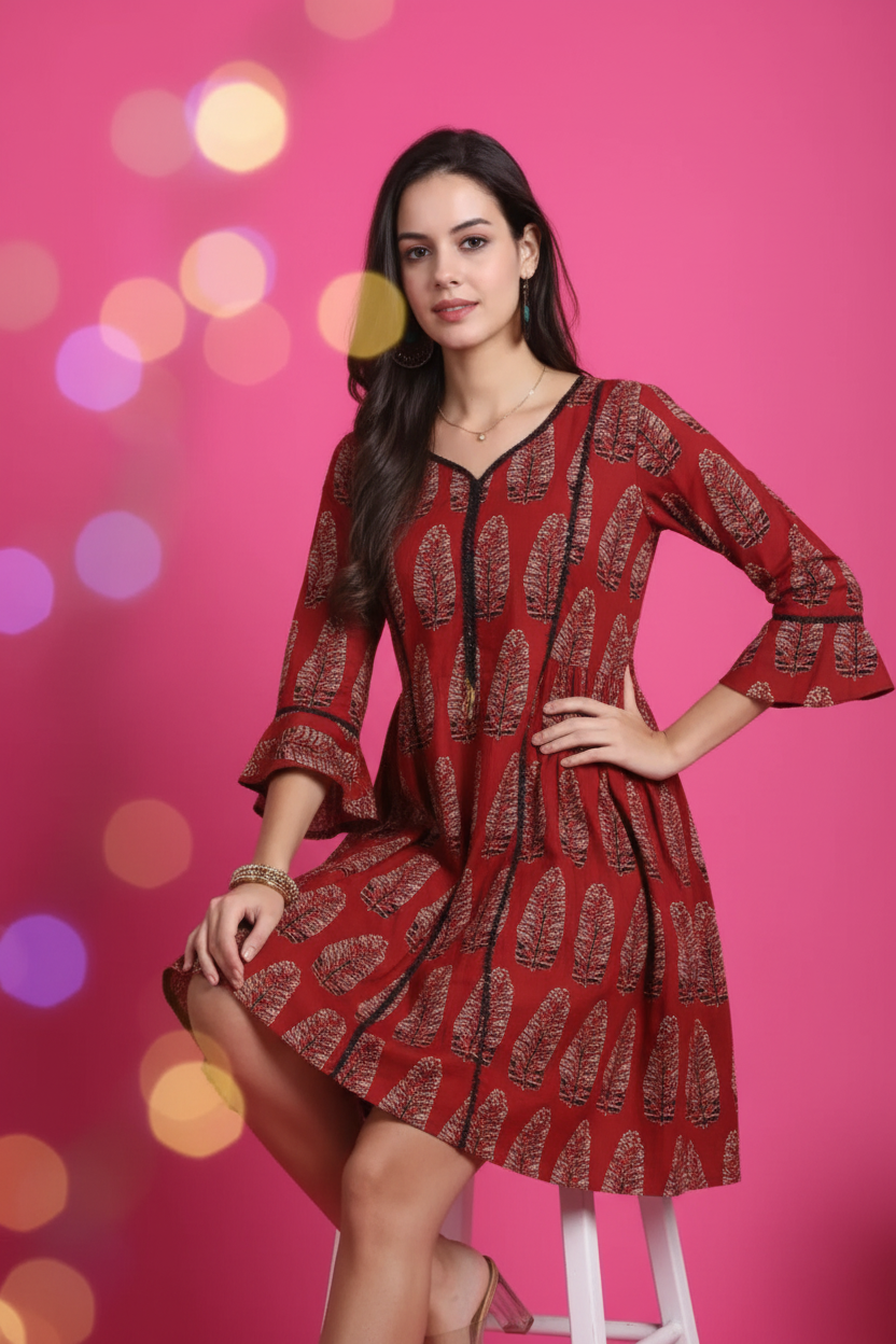 Red Printed Dress - Sitting with Shorter Hemline