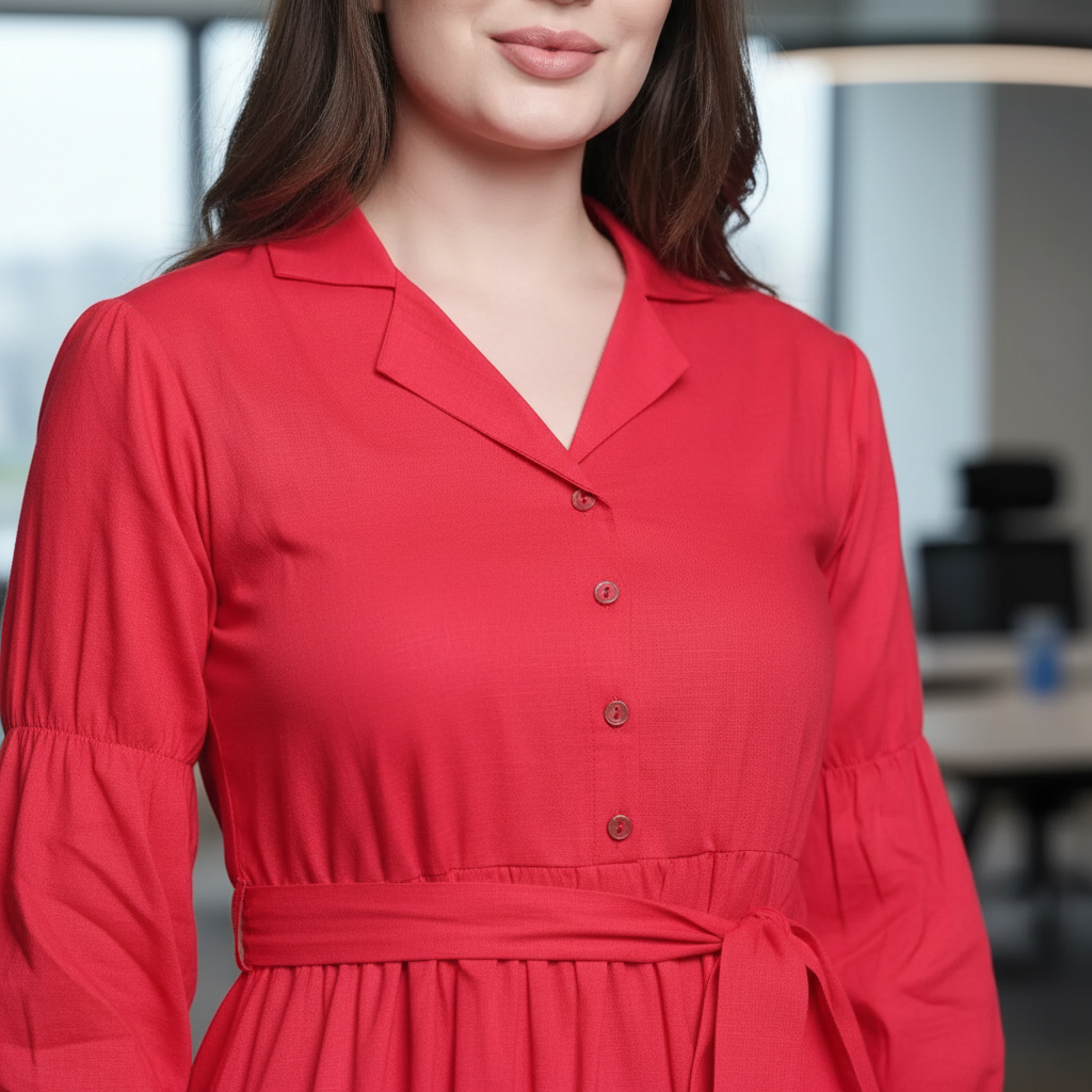 Red Tiered Dress - Collar Office